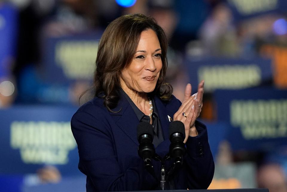 Vice President Kamala Harris claps at a campaign rally in Green Bay, Wis., on Thursday.