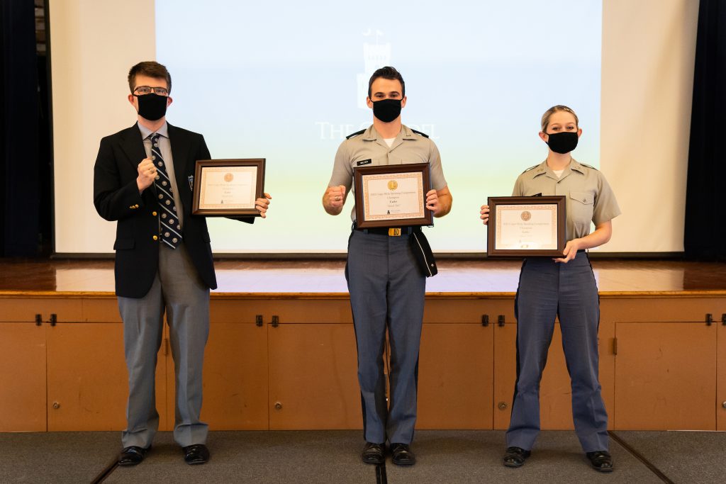 Adam Walker ’21, Shiloh Smiles ’22, and Daniel Wilkes ’21 placed first, second and third respectively during the corps-wide speaking competition in Buyer Auditorium at The Citadel in Charleston, South Carolina on Wednesday, April 7, 2021. (Photo by Cameron Pollack / The Citadel)